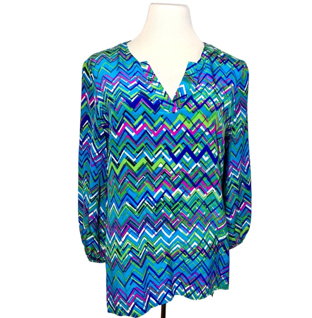 Amanda Uprichard Silk Chevron Pint Long Sleeve Tunic Blouse Top Blue Green Large